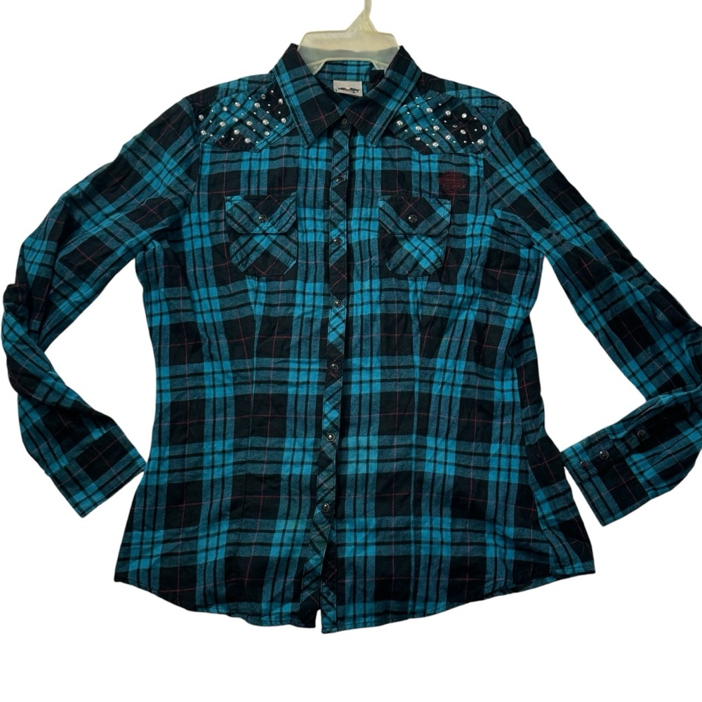 Harley Davidson embellished embroidered plaid pearl snap button up L long sleeve